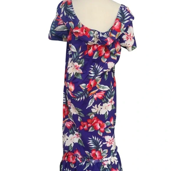 Vintage 80’s 100%Colton blue floral ruffle off shoulder Hawaiian maxi dress sz L - Picture 4 of 5